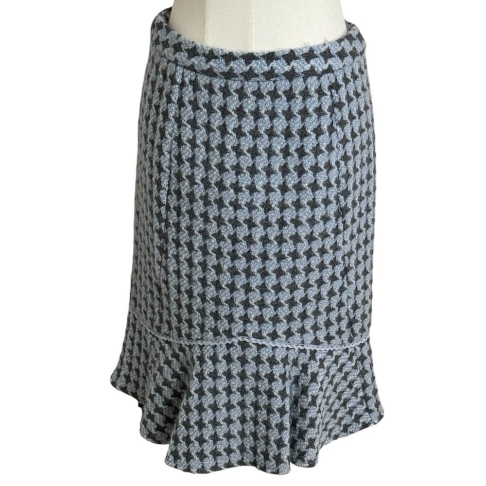 ETCETERA Blue Gray Houndstooth Midi Skirt Wool Size 2 Fall Winter Party Work